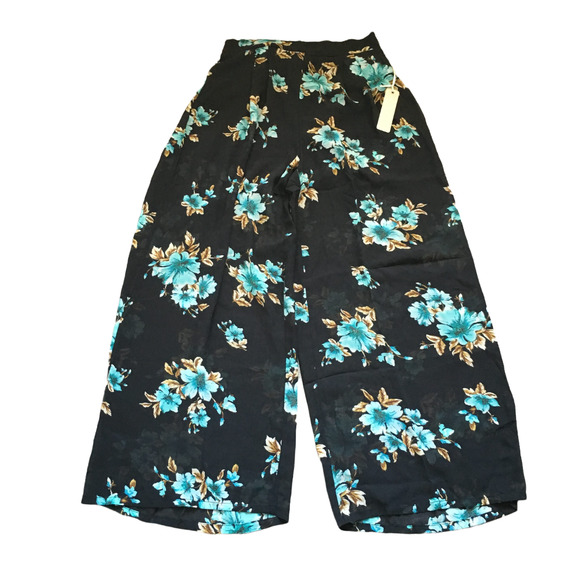 IRIS Women's Black Floral Print Wide Leg Trousers Square Pants - Picture 2 of 5